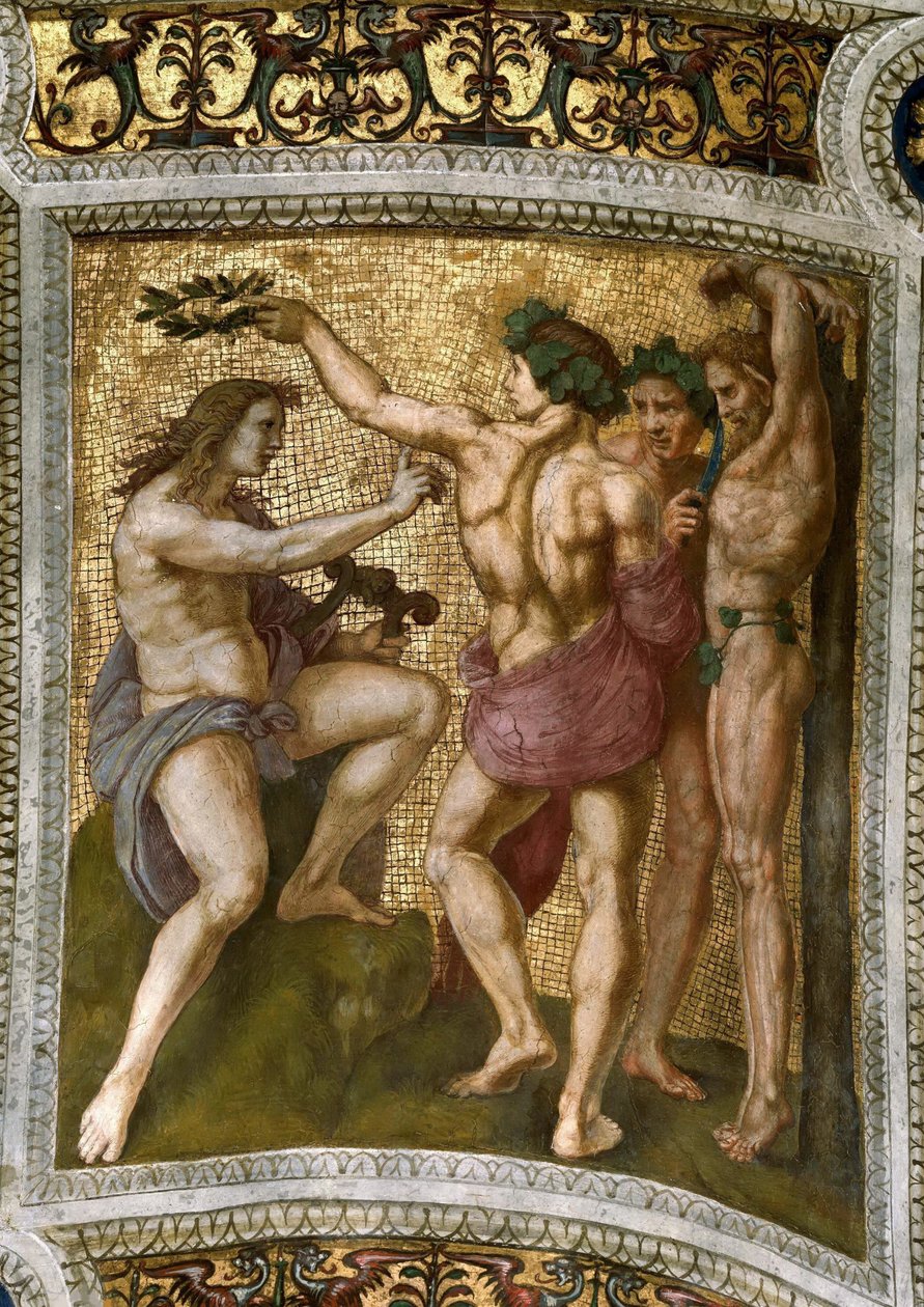 Marsyas og Apollo. Loftfresco i Stanza della Segnatura, ca 1510-1511. af Raphael