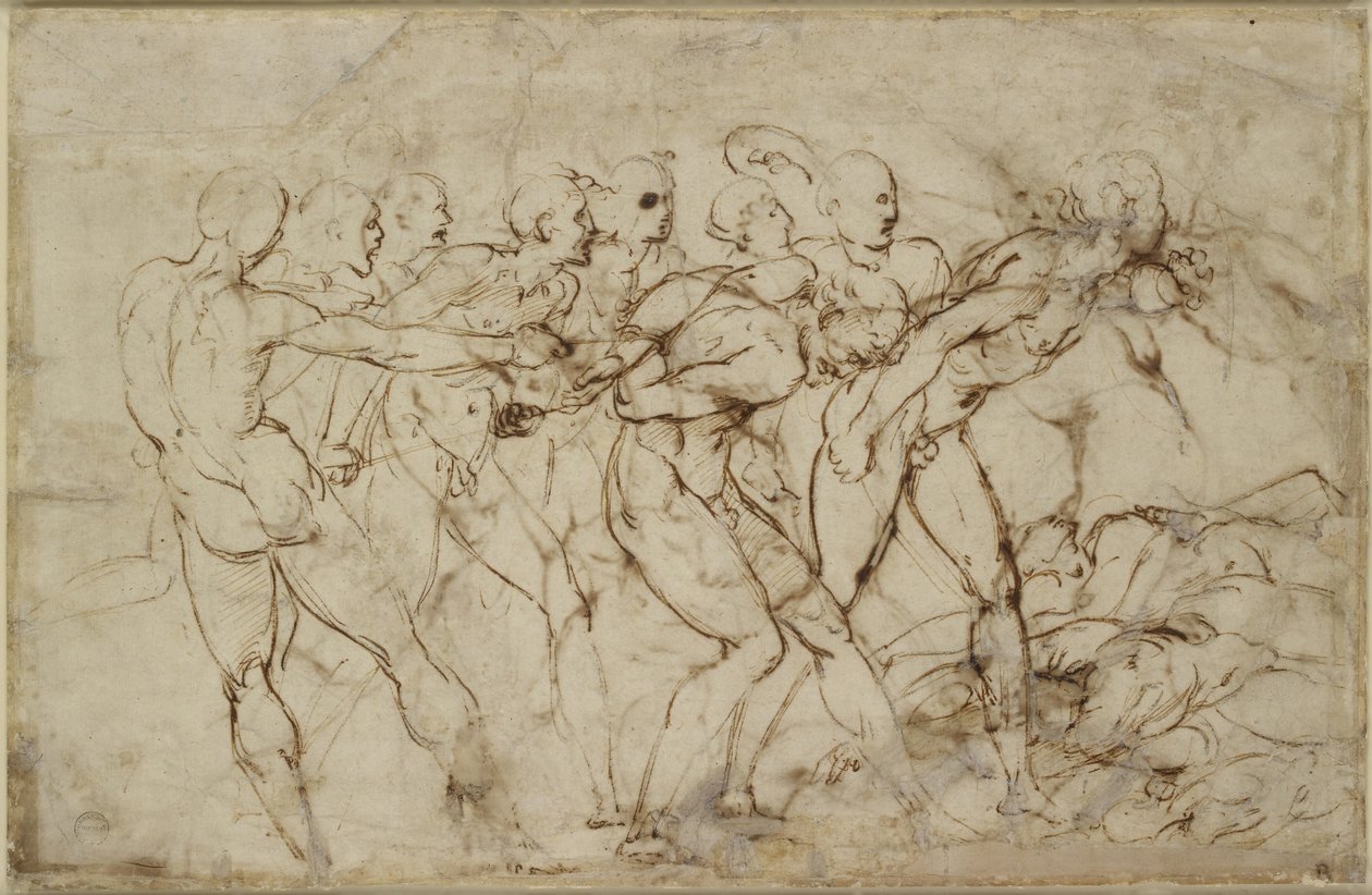 Et slag af nøgne krigere med fanger, WA1846.179 (pen og brunt blæk over sort kridt) af Raffaello Sanzio Raphael