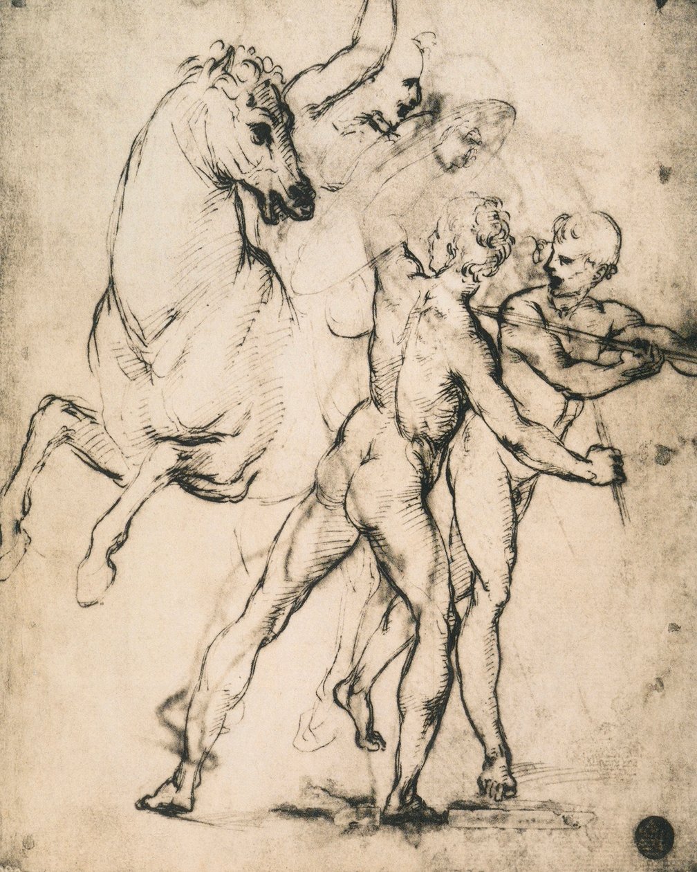 Mandlige nøgenbilleder med en hest; tegning af Raphael. Gallerie dellAccademia, Venedig af Raffaello Sanzio Raphael