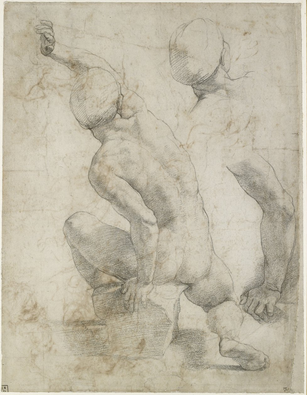 Recto: Nøgen mand siddende på en sten, WA1846.200 (sort kridt på råhvidt papir) af Raffaello Sanzio Raphael