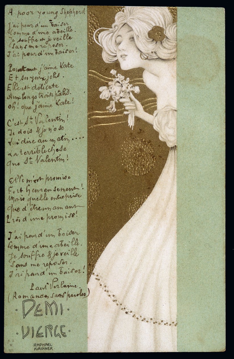 Halv jomfru og digt af Paul Verlaine - postkort, af Raphael Kirchner (1876-1917), begyndelsen af det XX. af Raphael Kirchner