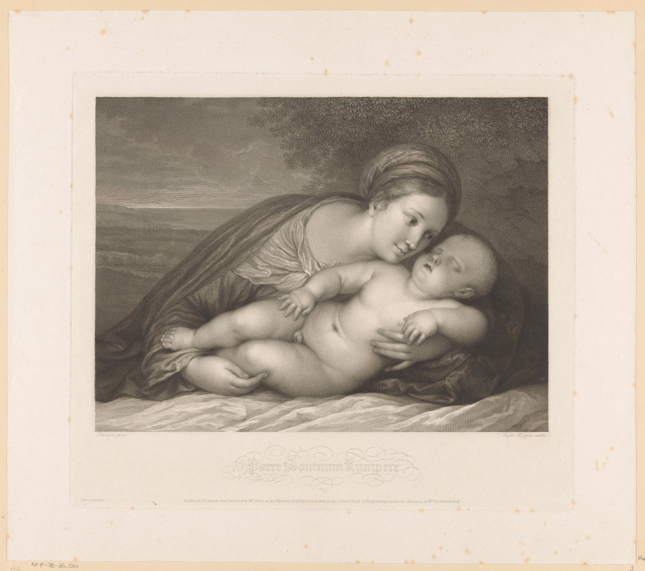 Mary med sovende barn i landskab Parce Somnum Rumpere (titel på objekt) af Raphael Morghen