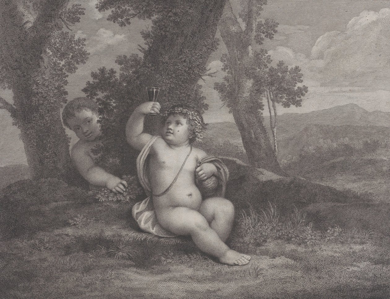 Spædbarnet Bacchus sad under et træ, holder et vinglas op, med et andet spædbarn bag..., 1780 af Raphael Morghen