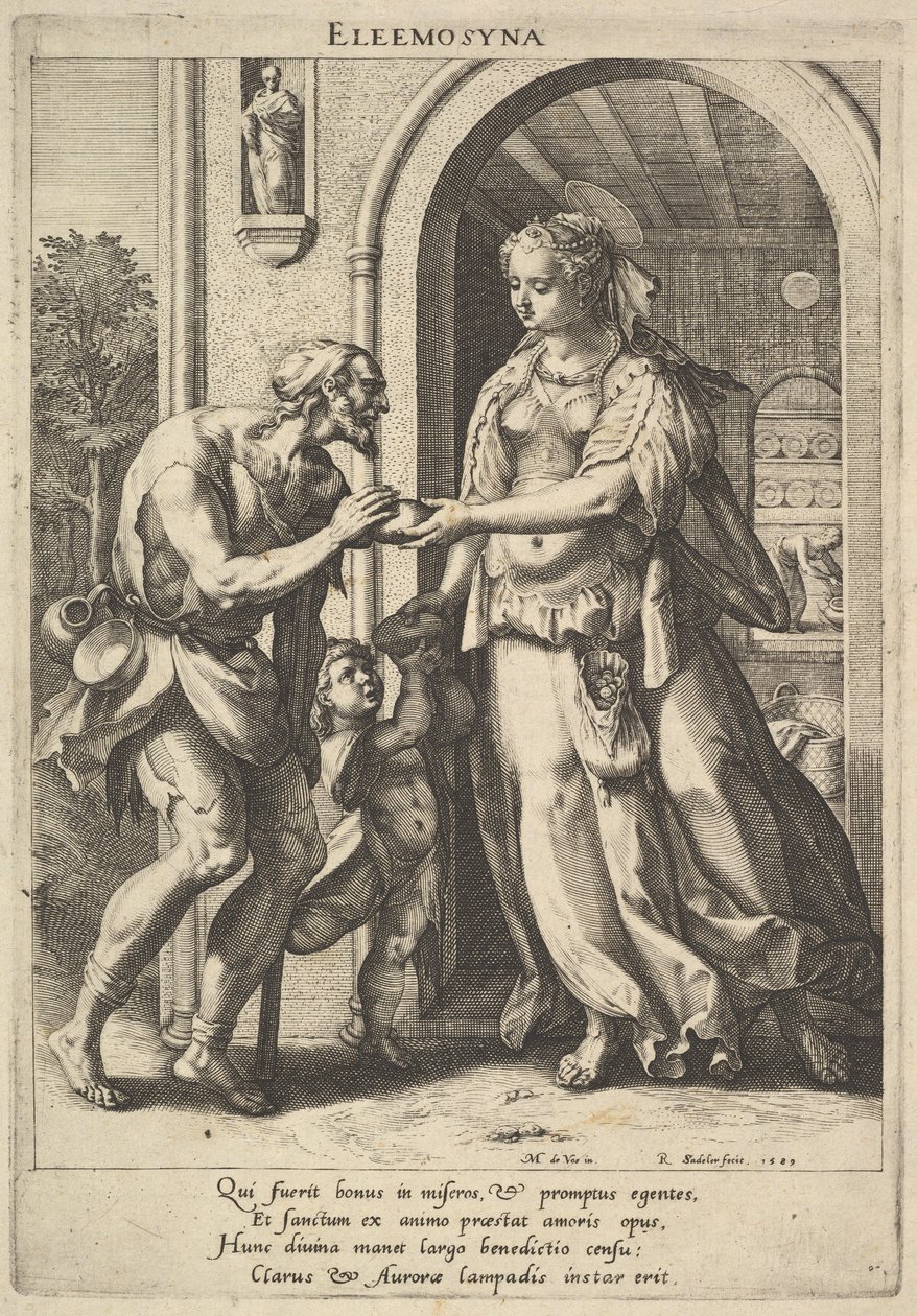 Almisse: en kvinde med perlehovedbeklædning og glorie giver brød til to mandlige tiggere, den ene be..., 1589. af Raphael Sadeler
