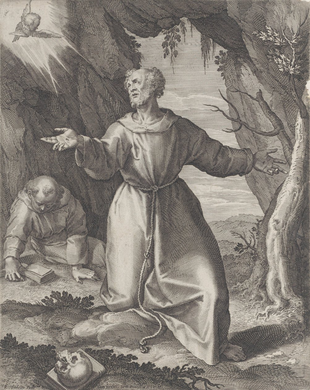Saint Francis knæler med strakte arme og ser mod en kerub øverst til venstre,..., 1599. af Raphael Sadeler