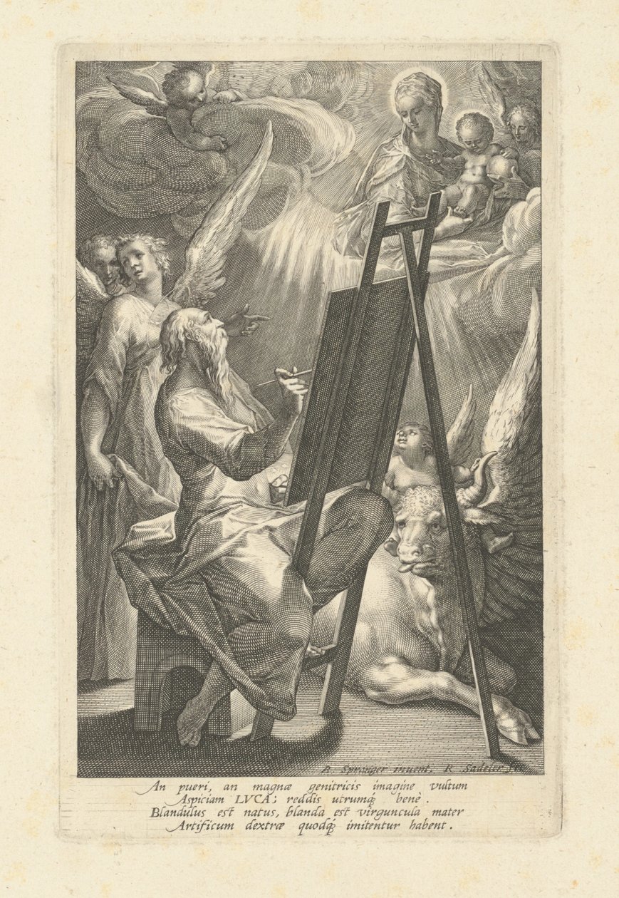 Sankt Lukas maler jomfruen af Raphael Sadeler I, after Bartholomaeus Spranger