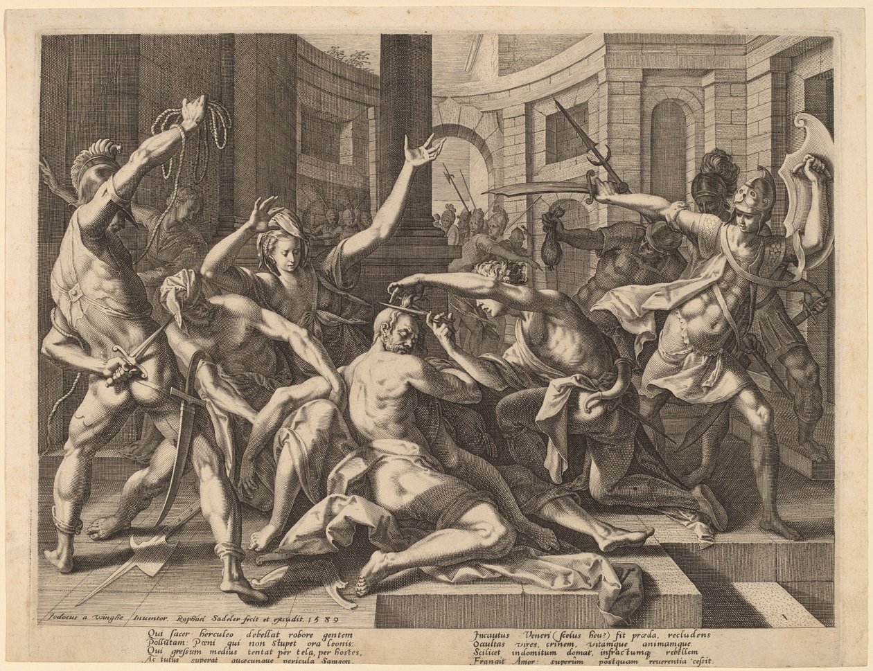 Delilah klipper Samsons hår af Raphael Sadeler I after Joos van Winghe