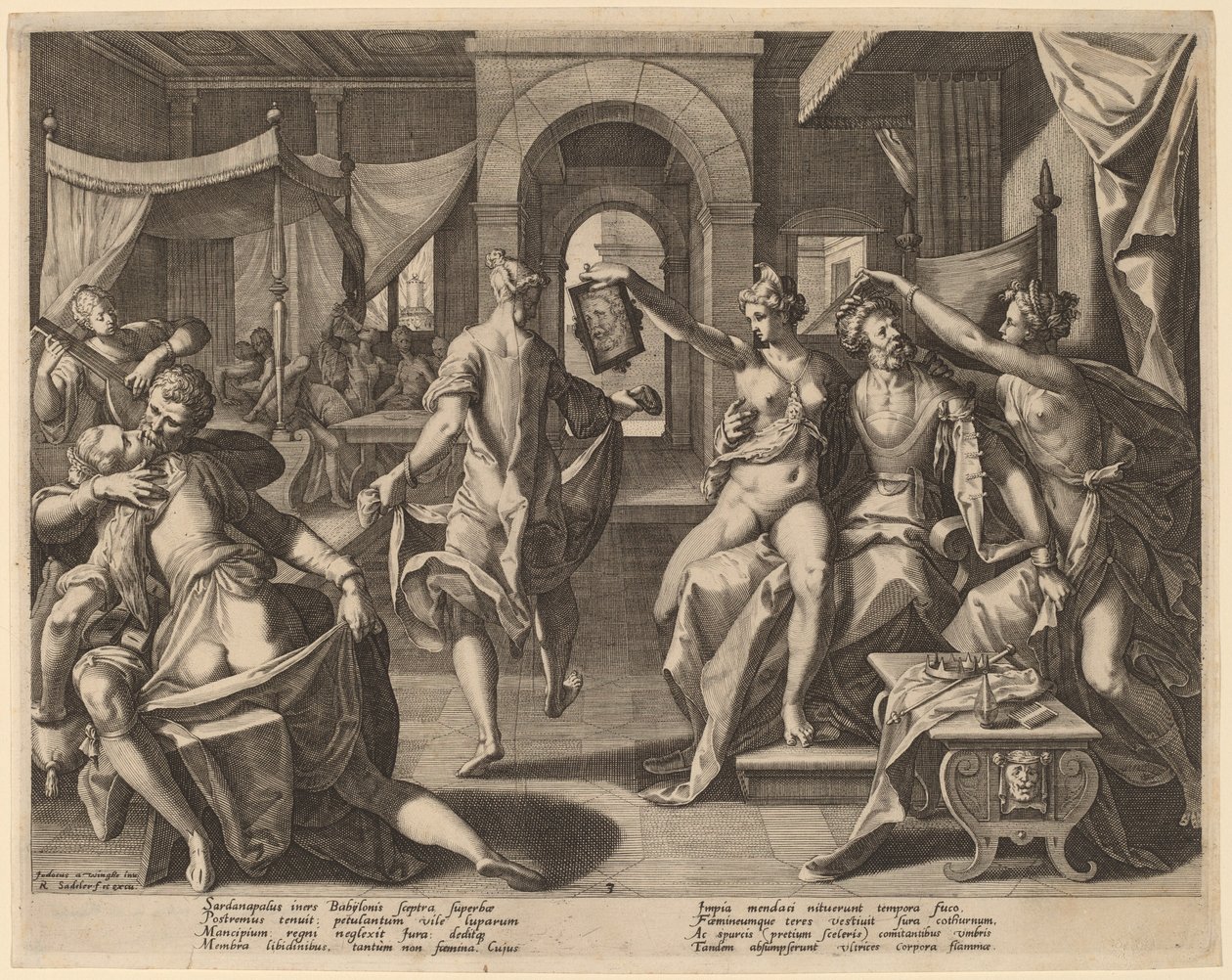 Sardanapalus blandt konkubinerne af Raphael Sadeler I after Joos van Winghe