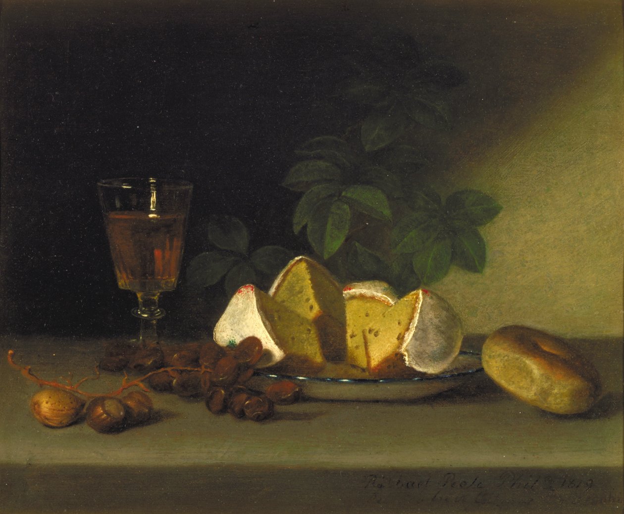 Stilleben med vin, kage og nødder, 1819 af Raphaelle Peale