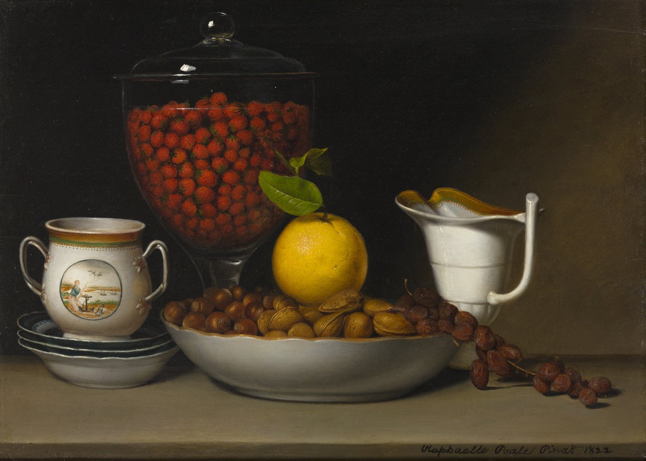 Stilleben - Jordbær, nødder, ca. 1822 af Raphaelle Peale