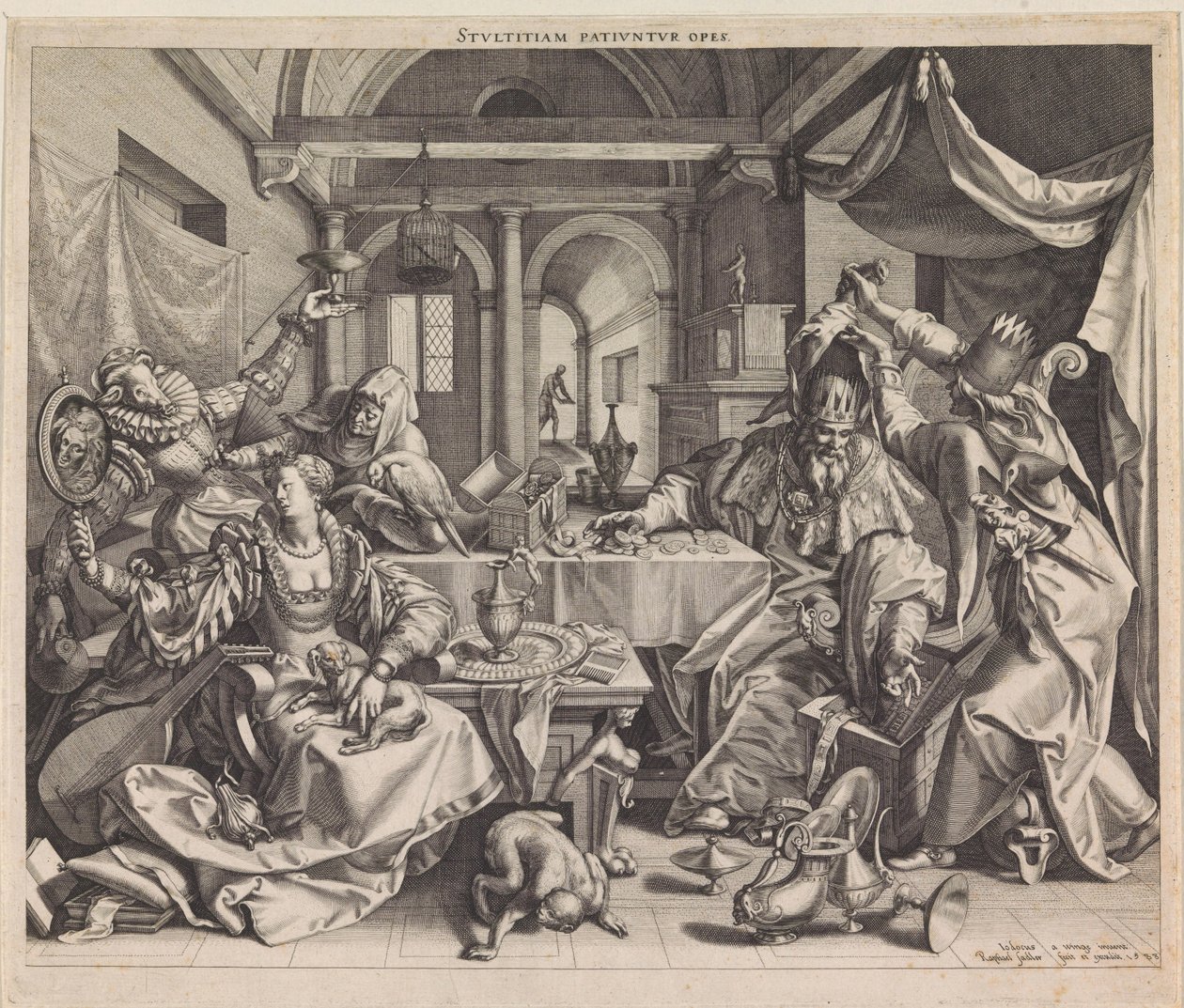 Allegori om rigdom, begær og dumhed Stvltitiam Pativnvr opes (titel på objekt) af Raphaël Sadeler (I)