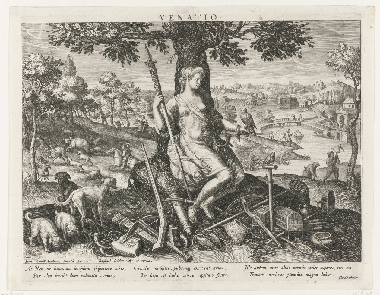 Diana som protektor for jagten Venatio (titel på objekt) Prinsens vigtigste aktiviteter (serietitel) Schema, seu speculum principum (serietitel) af Raphaël Sadeler (I)