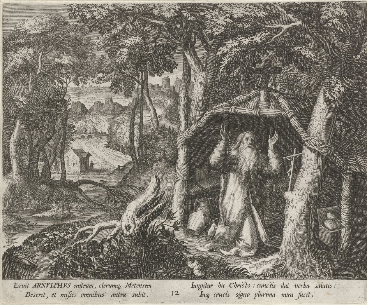 Sankt Arnold af Metz som eneboer Eremitternes dydige liv (serietitel) Trophaeum vitae solitariae (serietitel) af Raphaël Sadeler (I)