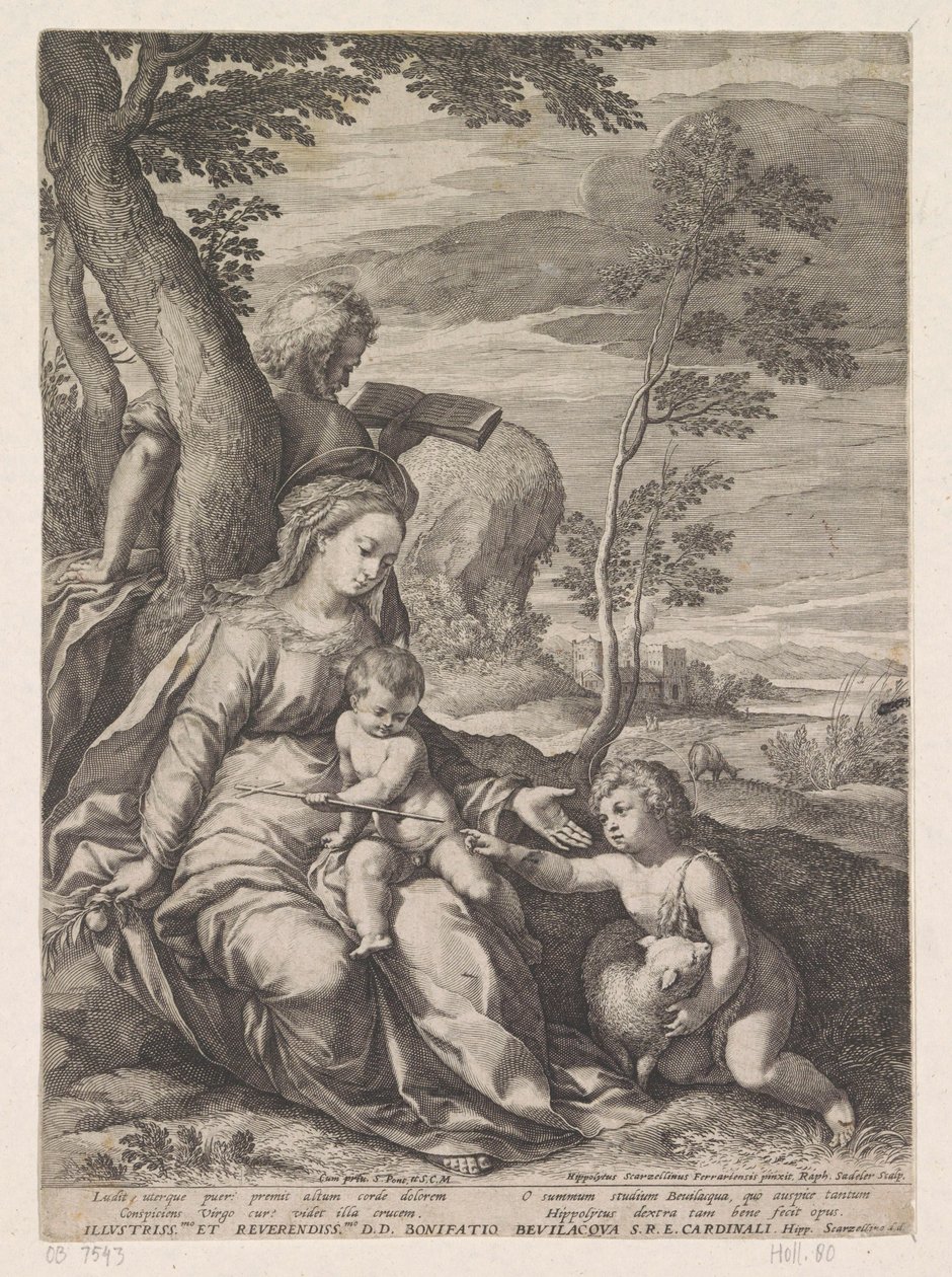 Hellig Familie ved et træ med Johannes Døberen som barn af Raphaël Sadeler (I)
