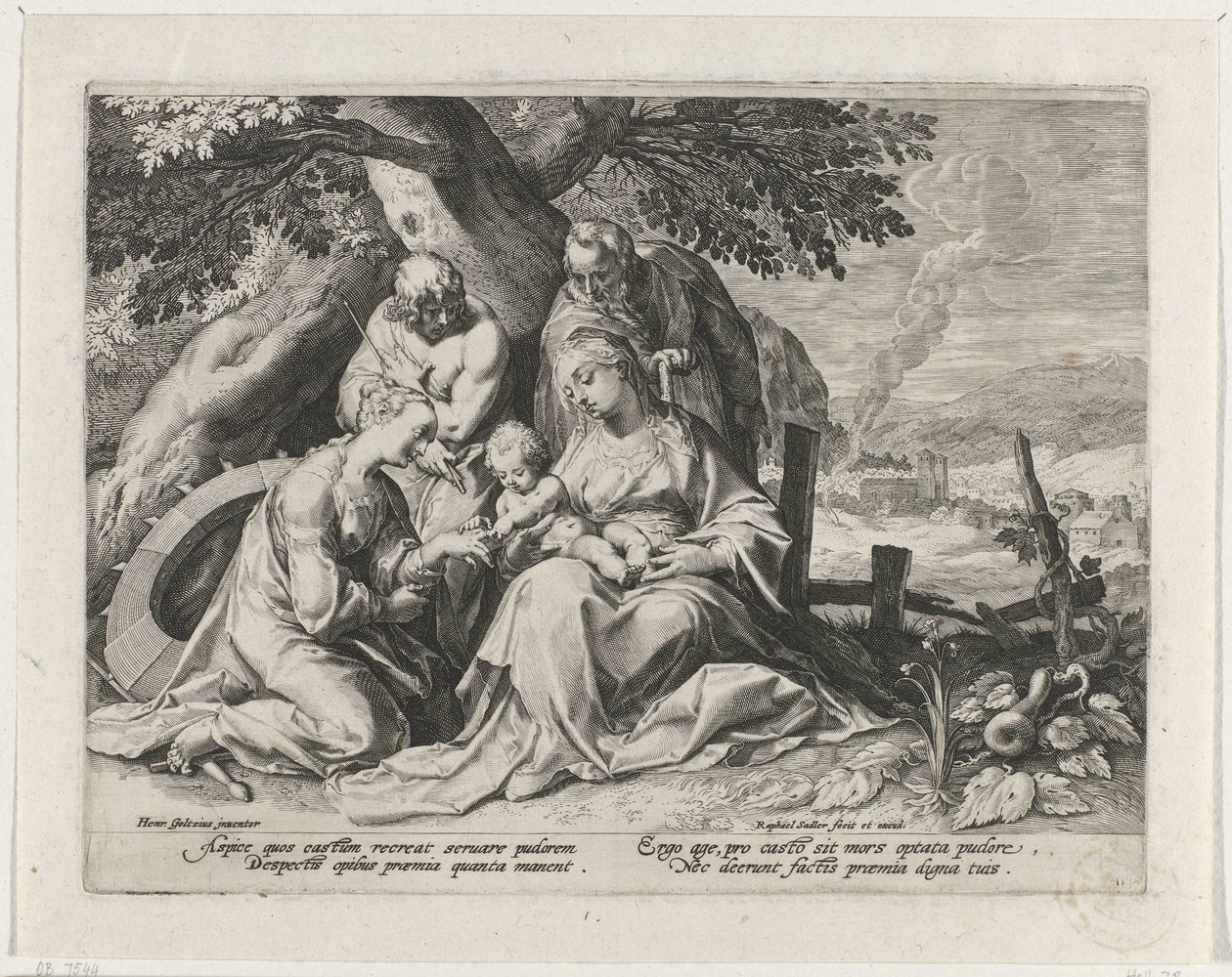 Hellig familie med Saint Catherine og Saint Sebastian Saint Catherines mystiske ægteskab af Raphaël Sadeler (I)