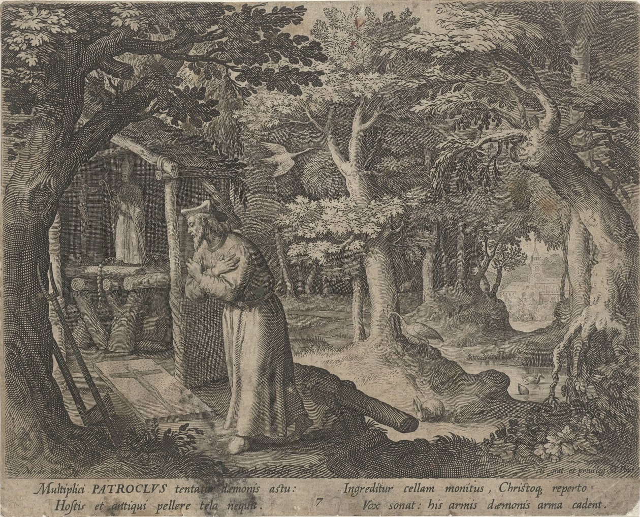 Saint Patroclus af Néris som eneboer Eremitternes dydige liv (serietitel) Trophaeum vitae solitariae (serietitel) af Raphaël Sadeler (I)