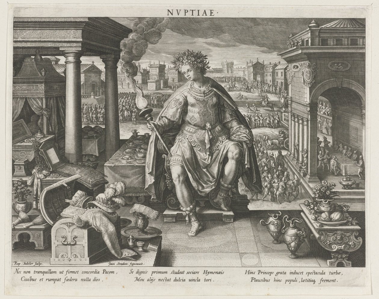 Nuptiae som personificering af ægteskabet Nvptiae (titel på objekt) Prinsens vigtigste aktiviteter (serietitel) Schema, seu speculum principum (serietitel) af Raphaël Sadeler (I)