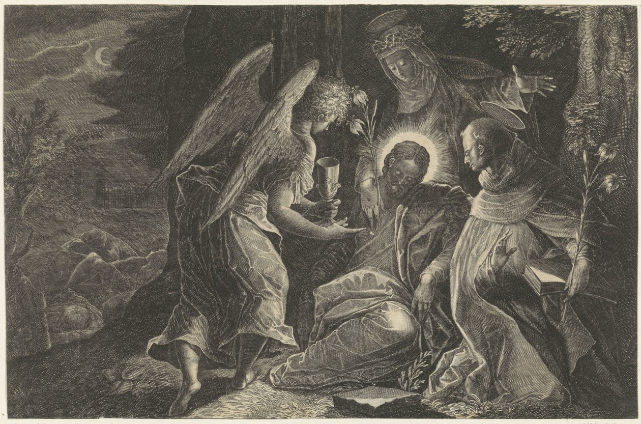 Kristus trøstes i Getsemane af en engel, Saint Dominic og Saint Catherine of Siena Lydighedens spejl Perfectissimvm Obedientiae Specvlvm (titel på objekt) Spejle af lydighed, kyskhed og fattigdom (serietitel) af Raphaël Sadeler (II)