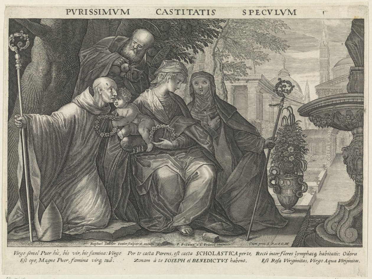 Hellig familie med Sankt Benedikt og Sankt Scholastica Kyskhedens spejl Pvrissimvm Castitatis Specvlvm (titel på objekt) Spejle af lydighed, kyskhed og fattigdom (serietitel) af Raphaël Sadeler (II)