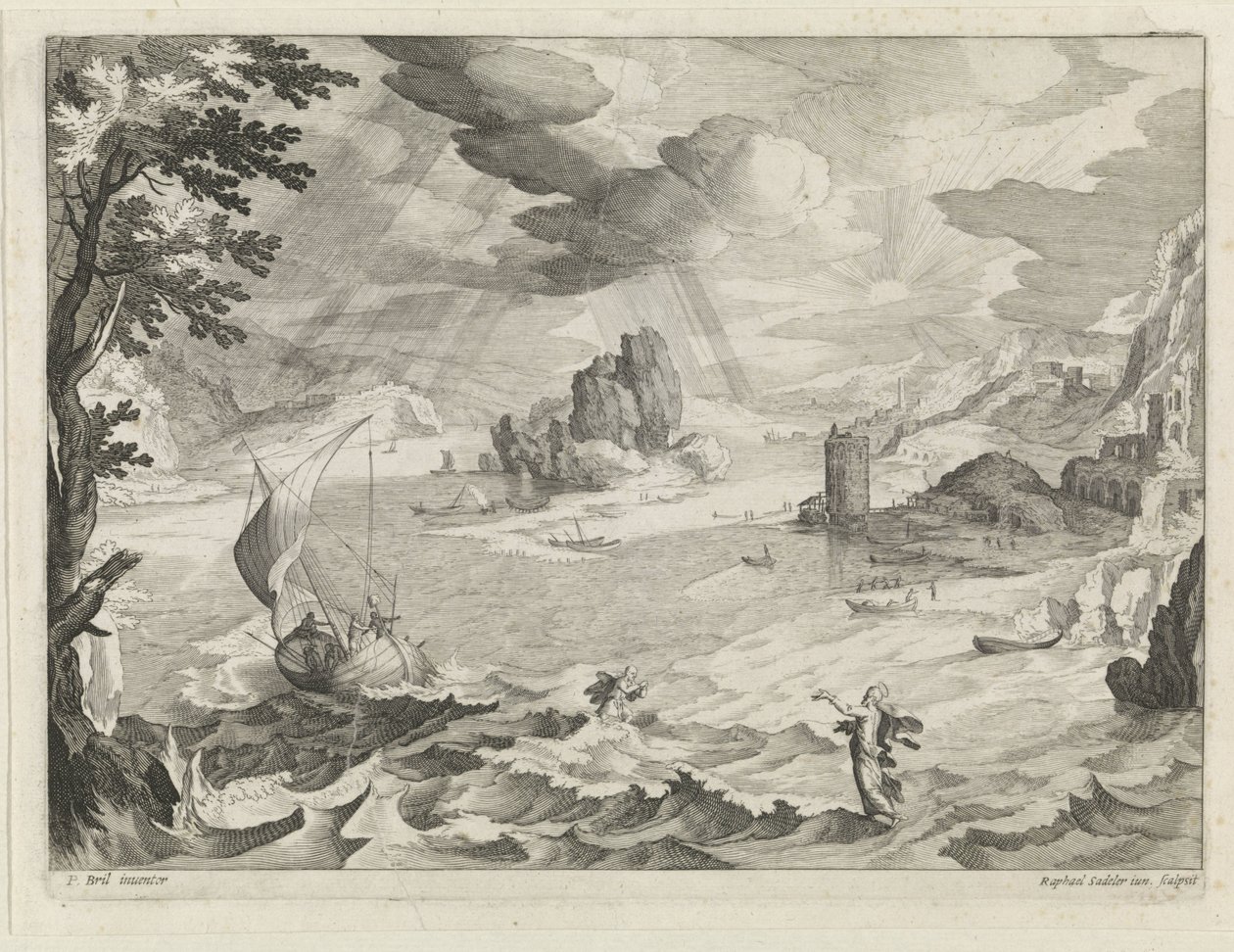 Sølandskab med Kristus og hans disciple i stormen på Galilæas Sø af Raphaël Sadeler (II)