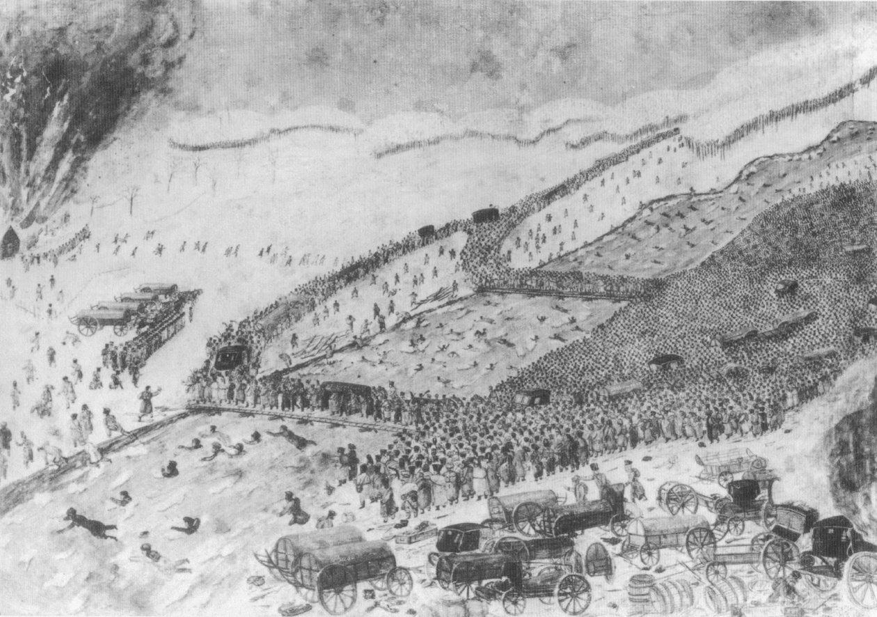 Passagen af ​​Berezina, 26. november 1812. Kunstneren var endnu ikke født. Se i dette værk: Løjtnant Swidys plan. For enden af ​​de to broer krydsede Grande Armee marsken på diget. Tropperne er repræsenteret fuldt ud af Raymond Fournier Sarloveze
