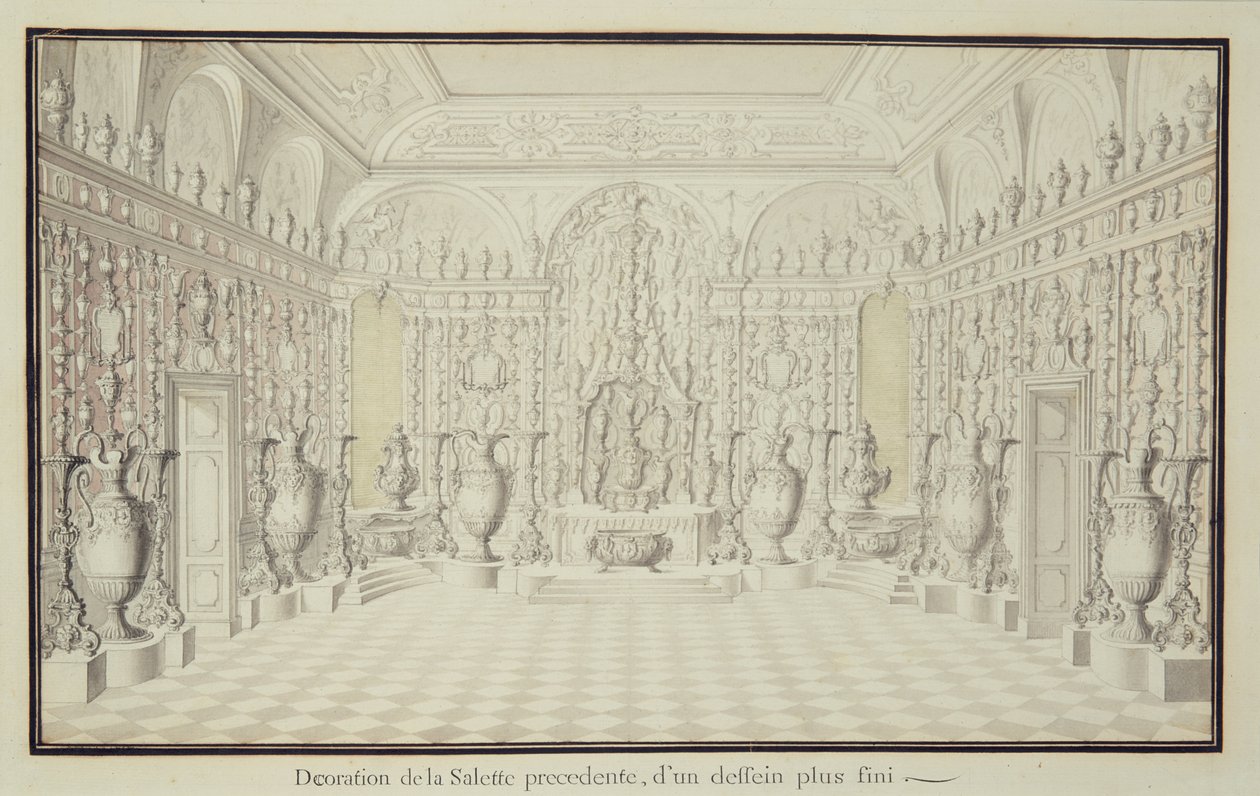 Displayvæg med sølv- og guldvaser i Tower Room i Dresden Palace af Raymond Leplat
