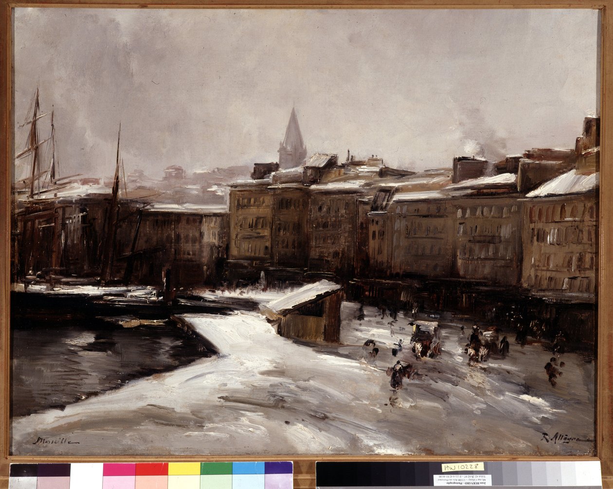 Quai du port, Marseille, under sneen Maleri af Raymond Allegre (1857-1933) Mål 56x74 cm. Obligatorisk omtale: Med venlig hilsen de Provence Marseille foundation collection af Raymond Allegre