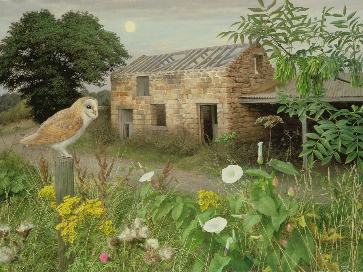 De gamle landbrugsbygninger i Eccup, 2000 (olie på plade) af Raymond Booth