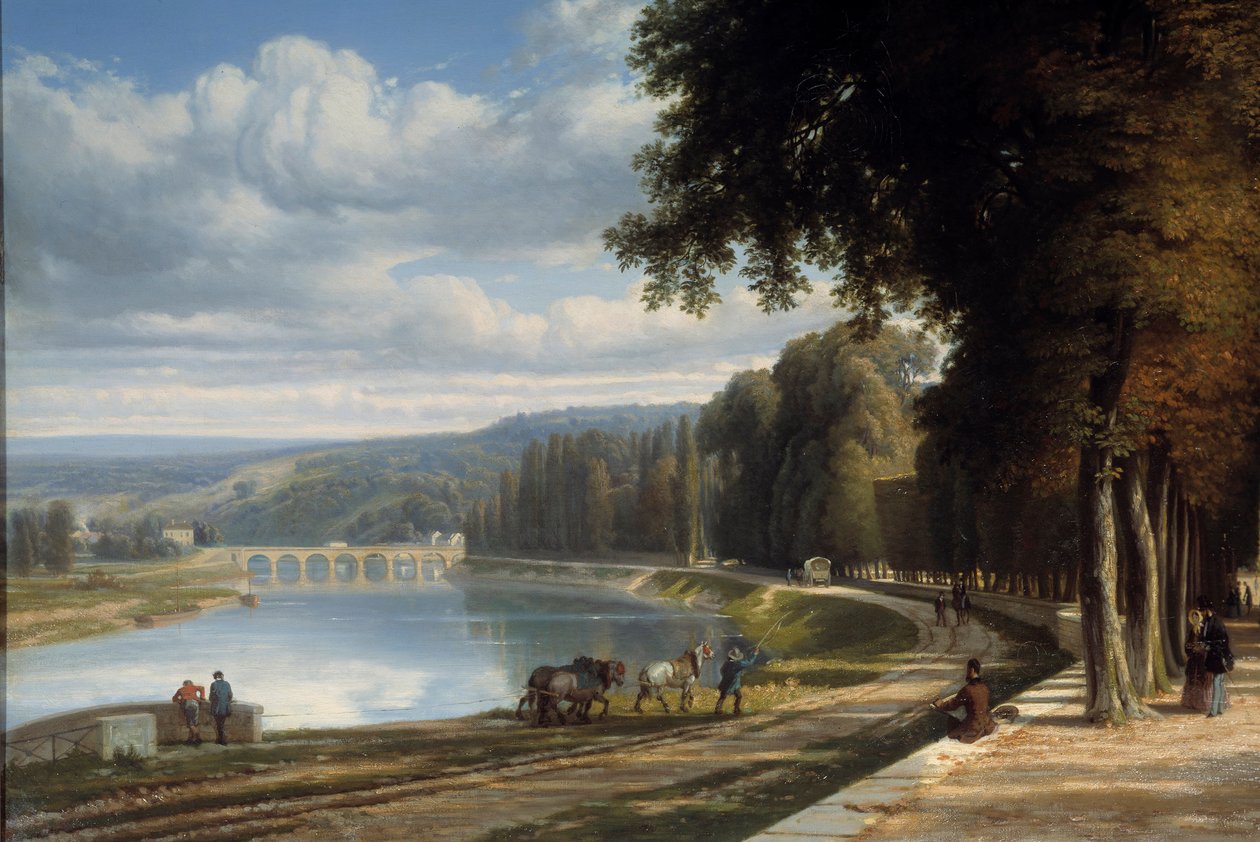 Gå til Parc de Saint Cloud Detail ved bredden af Seinen, heste på trækstien. Maleri af Raymond Esbrat (1809-1856) 1850 Roanne. Joseph Dechelette Museum af Raymond Esbrat