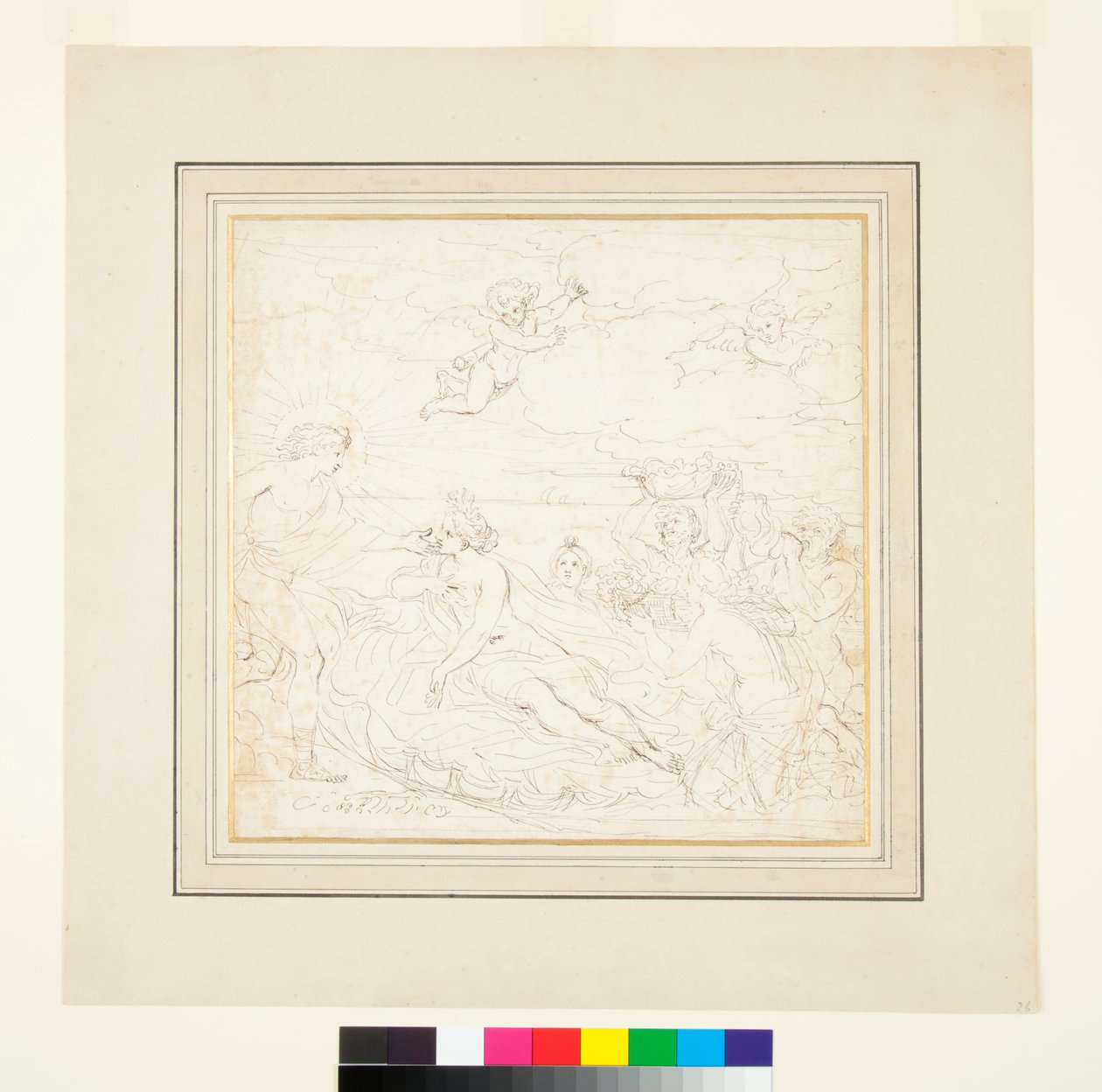 Apollo, amfitrit og marineguder bringer tilbud (pen og brunt blæk over sort kridt) af Raymond Lafage