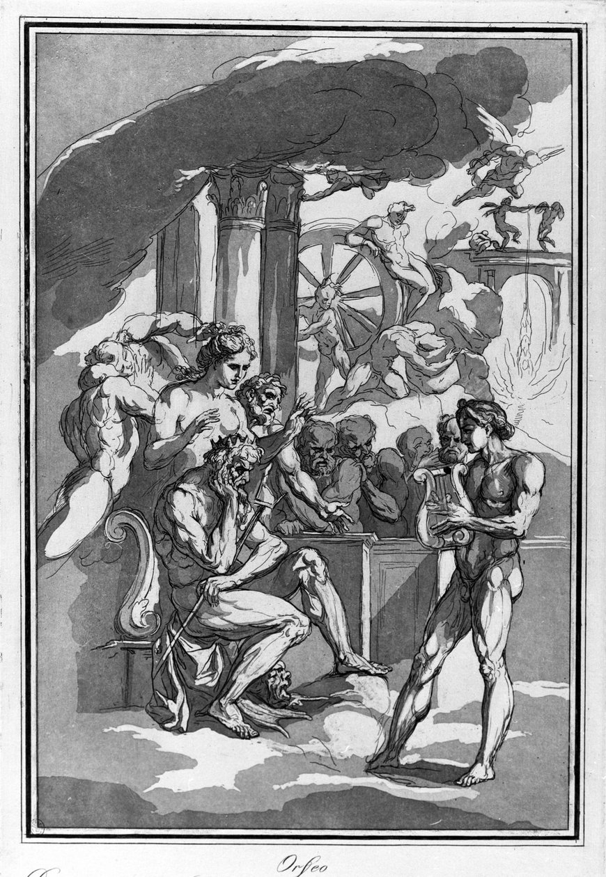 Orfeus i underverdenen beder Minos om sin kone Eurydice. Akvareltegning af Raimondo La Fage. af Raymond Lafage