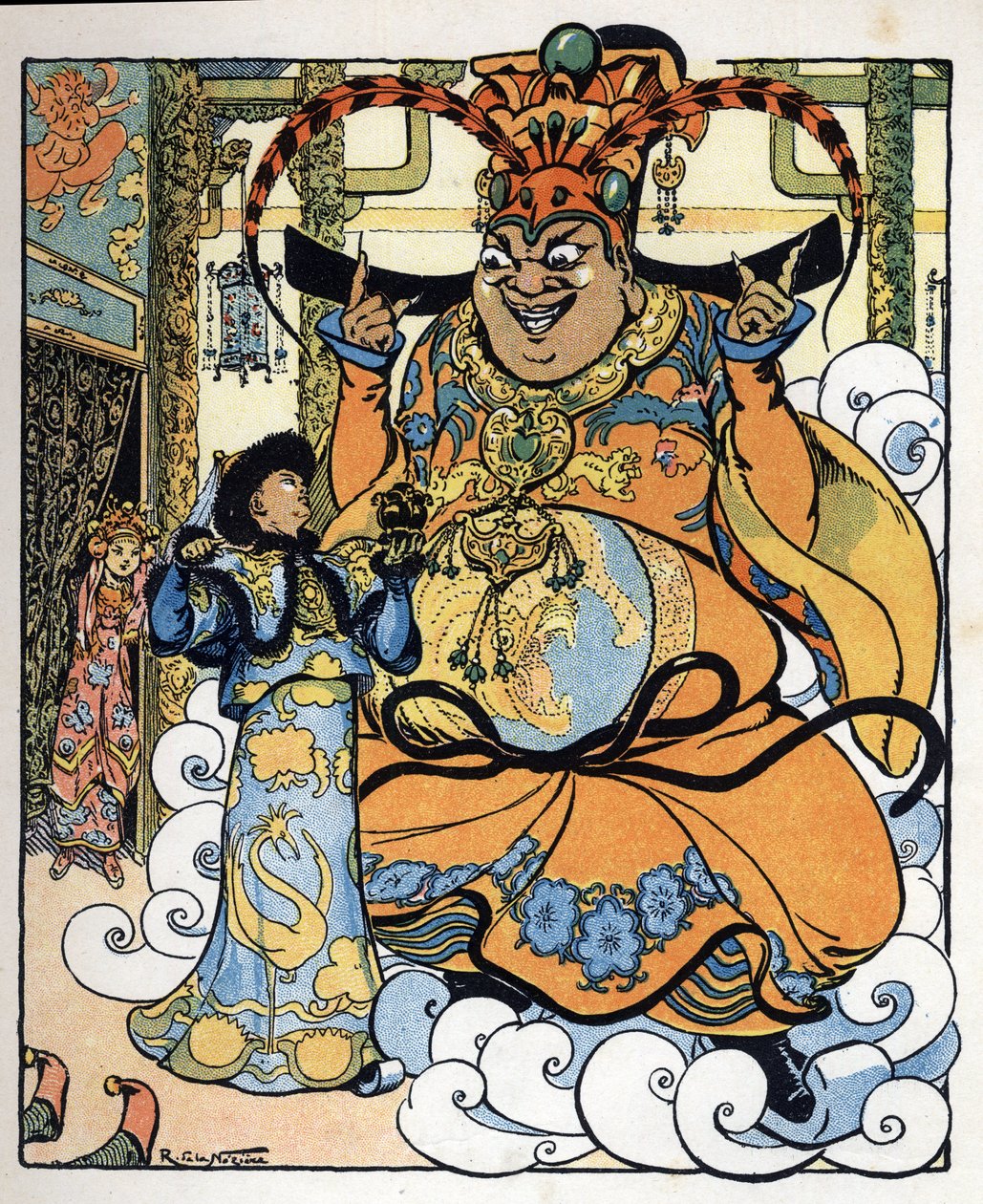 Aladdin, prinsesse Badroulboudour og ånden foran den afrikanske tryllekunstners krop: illustration til fortællingen 