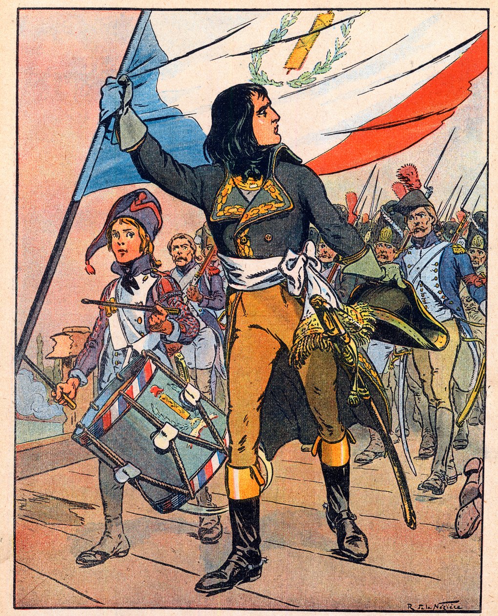 Første italienske felttog: Napoleon Bonaparte (1769-1821) i slaget ved Arcole-broen, november 1796" fra "Nos-Gloires-Nationales" ca. 1920 (kobberstik). af Raymond de la Neziere