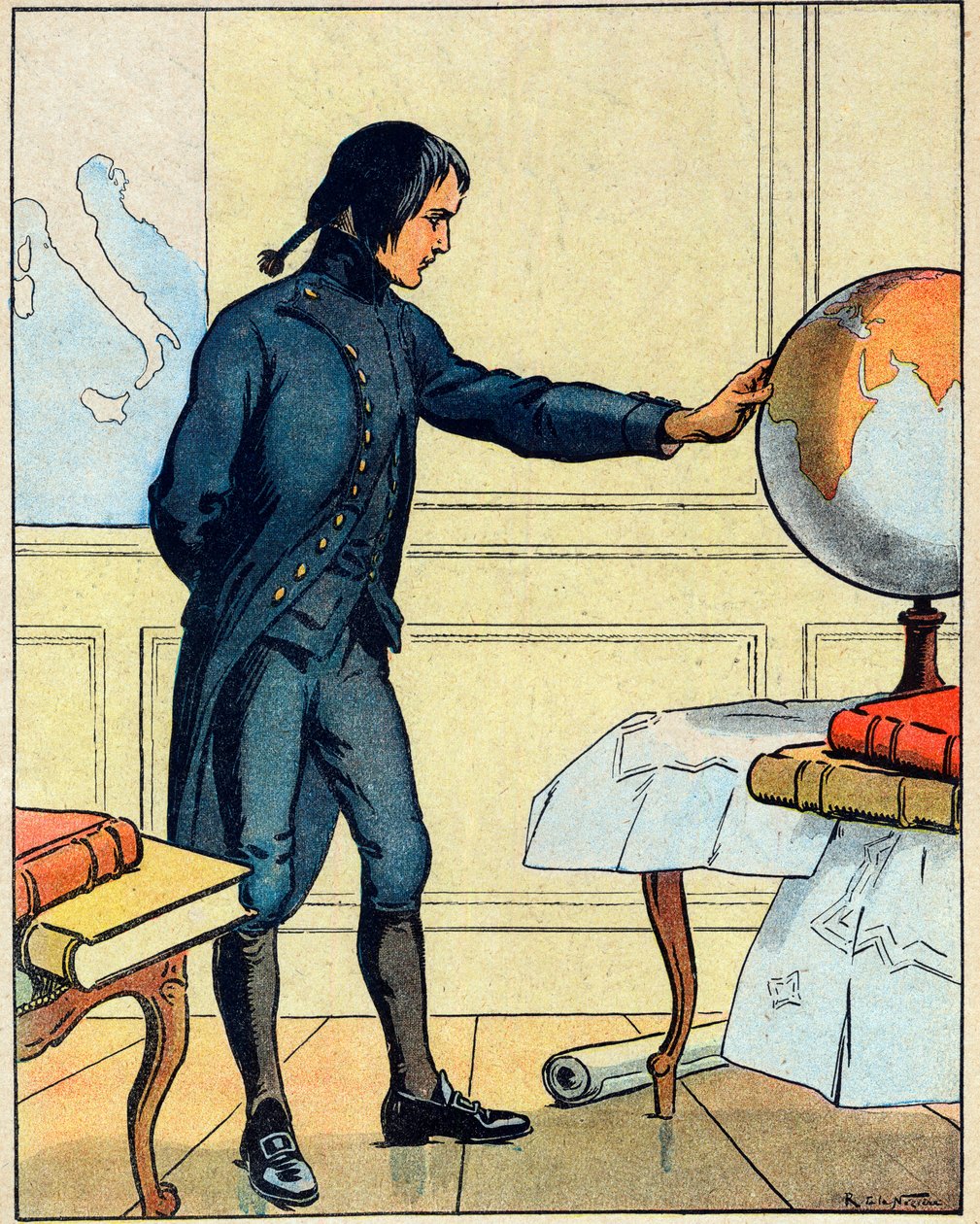 Napoleon Bonaparte (1769-1821) konsulterer en globus på skolen i Brienne i en alder af 19 år, taget fra 