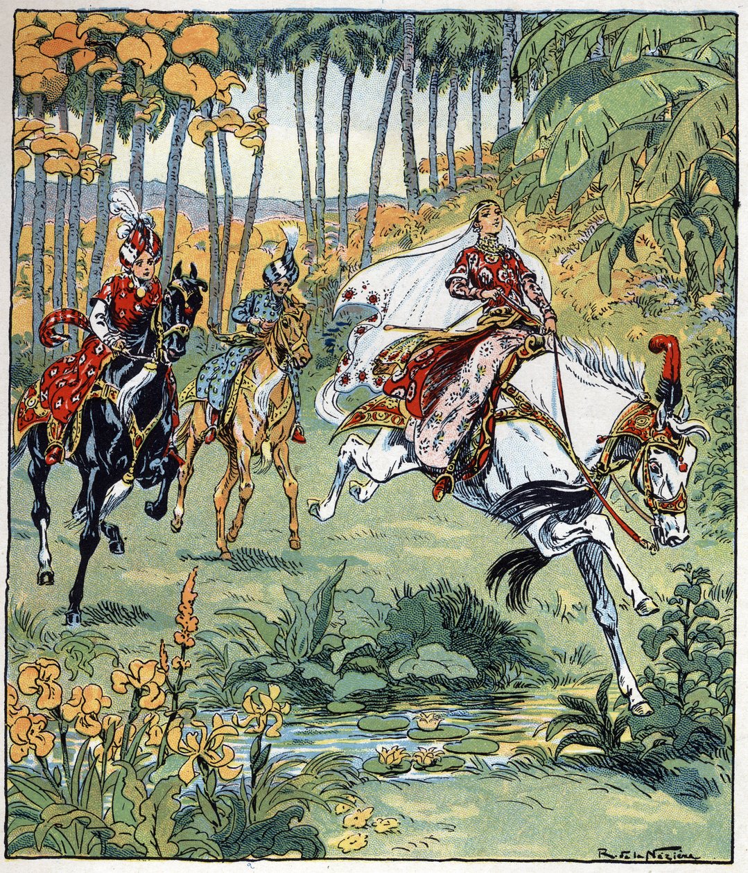Parizade overhaler sine brødre Bahman og Pervis i hestevæddeløbet. Illustration af Raymond de La Neziere (1865-1953) til fortællingen "Histoire des deux sœurs jealous de leur cadette" i "Les mille et une nuits" (les 1001 nuits ou Le mille e una notte, A af Raymond de la Neziere