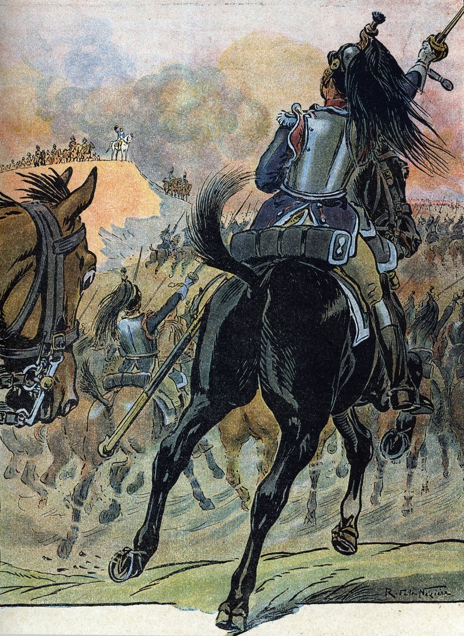 Den femte koalitions krig: "Slaget ved Wagram (5.-6. juli 1809)" (Napoleonskrig: Slaget ved Wagram (5.-6. juli 1809)) Illustration af Raymond de Neziere i "Our-Glories-Nationals" 1920 DR Privat samling af Raymond de la Neziere