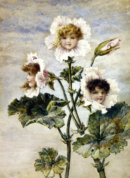 Geranium & Sweet Pea - Blomsterbørn - et par (akvarel & kropsfarve på papir) af Rebecca Coleman