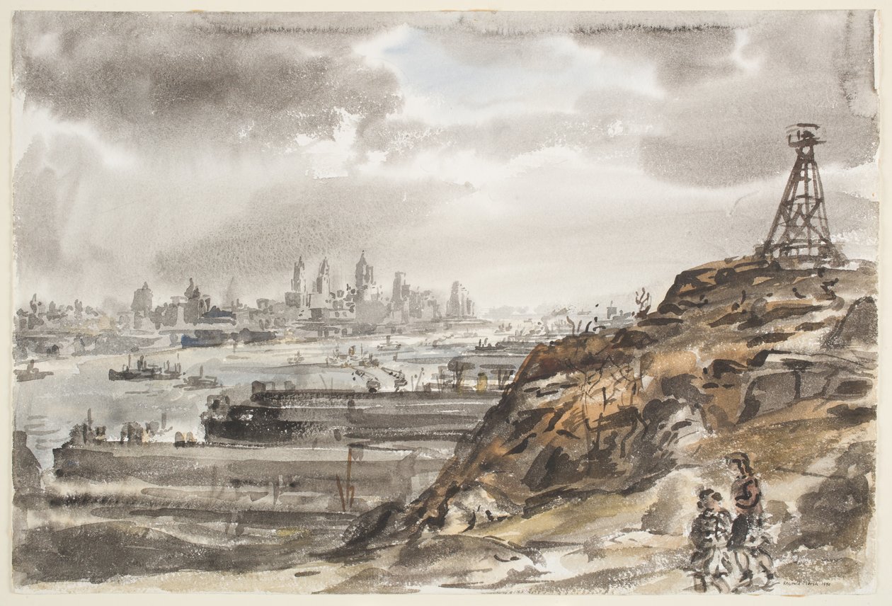 New York fra Weehawken (akvarel over grafit på papir) af Reginald Marsh