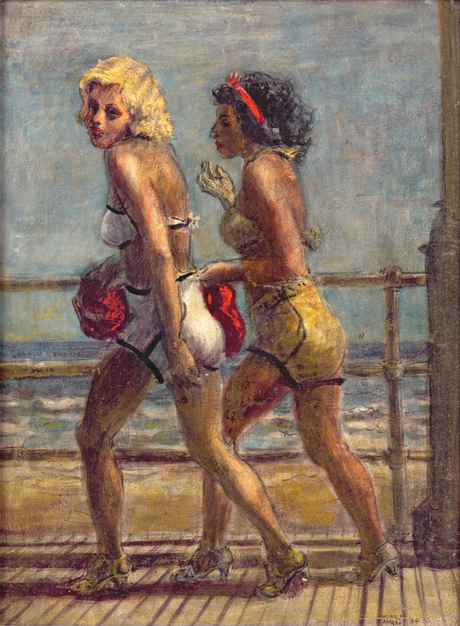 To piger på strandpromenaden (tempera på lærred) af Reginald Marsh