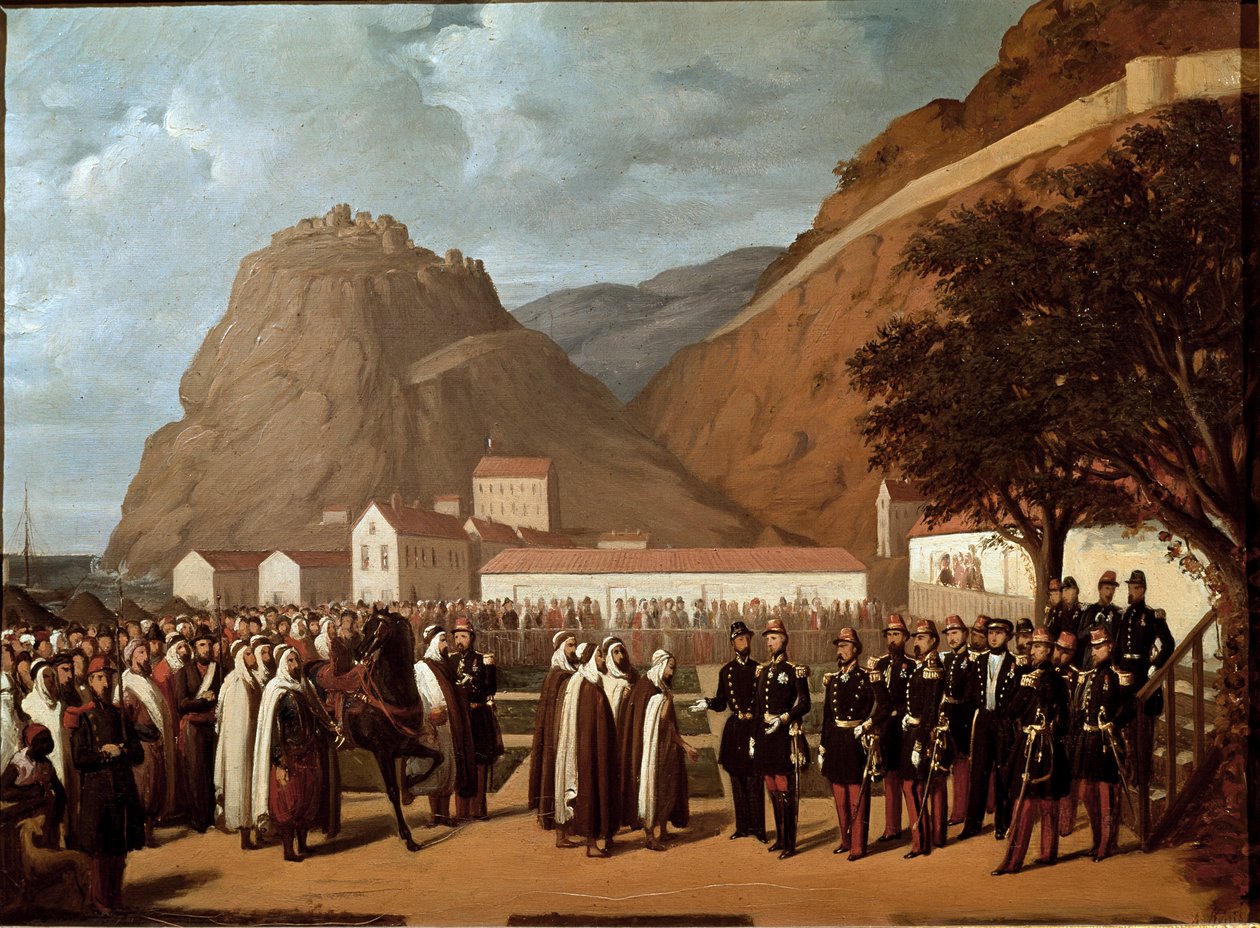 Erobring af Algeriet (1830-1847): underkastelse af Abd el Kader (Abd-el-Kader eller ibn Muhyi al-Din al-Hasani (al Din al-Hasani) (1808-1883) til hertugen af Aumale og franskmændene Armee den 24/12/1847 - Maleri af Regis Augustin (1813-1880) Muscle fra det af Regis Augustin