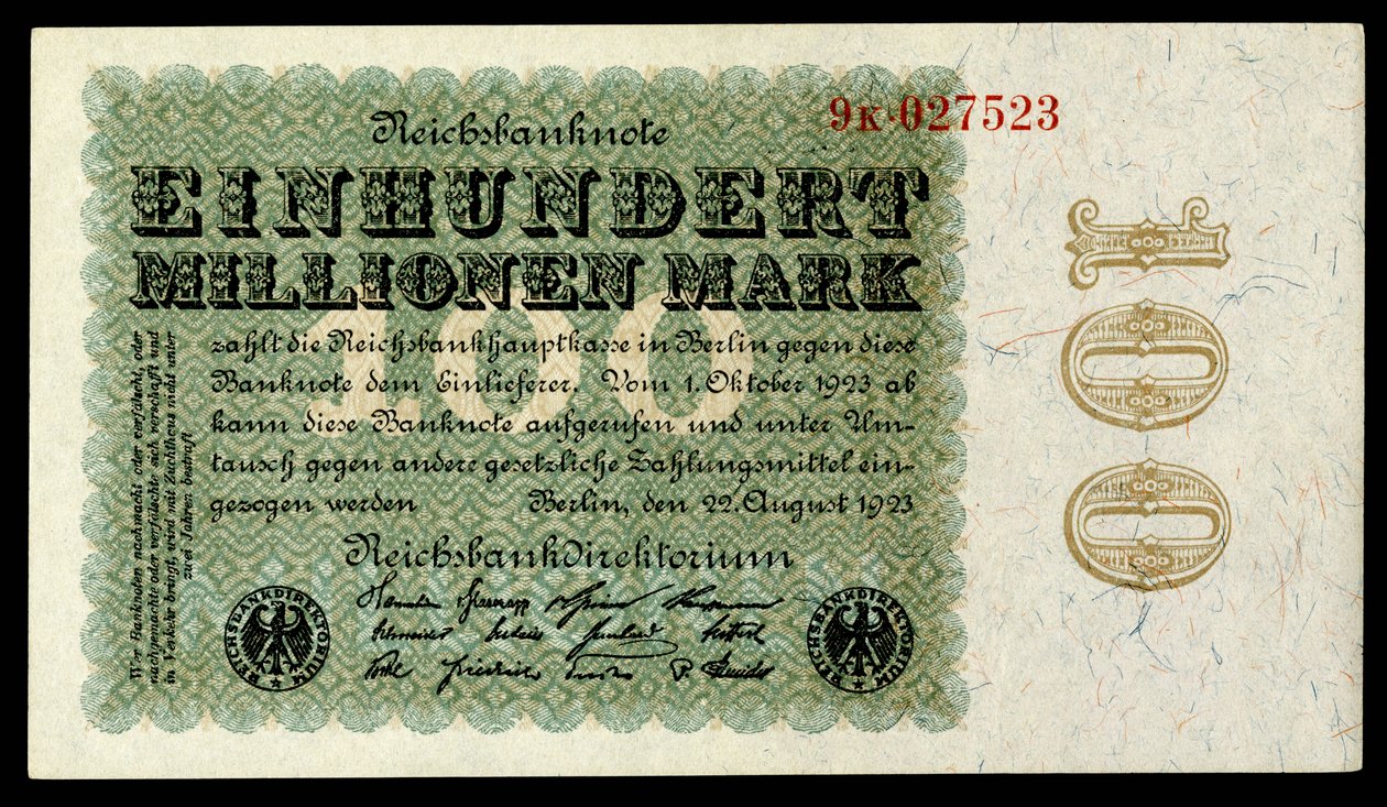 Papirmærke i Weimar -republikken, efter hyperinflationstiden efter første verdenskrig af Reichsbankdirektorium Berlin