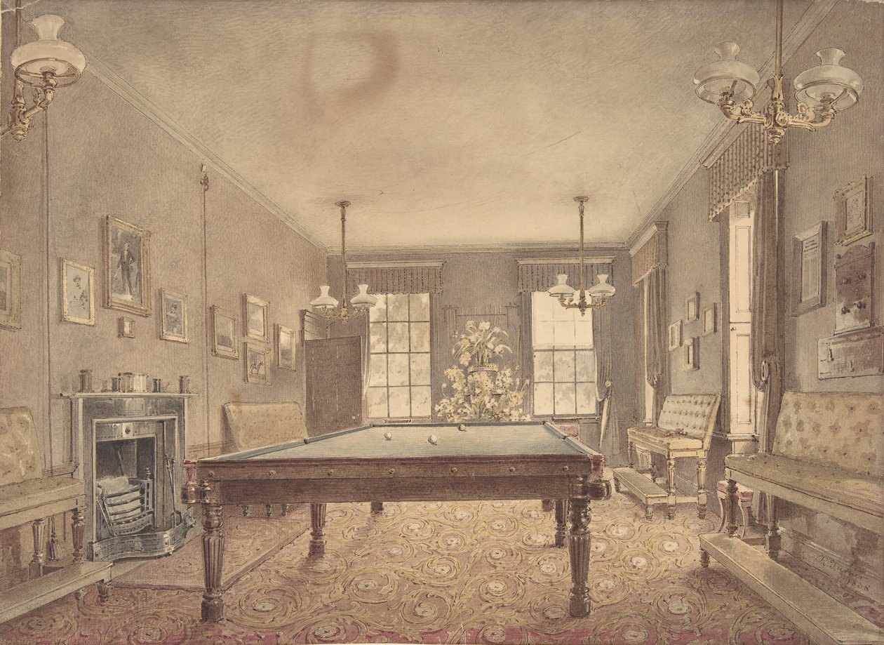 Interiør af billardrummet i Lupton House, Devonshire, designet af George..., 1838. af Reid Turner