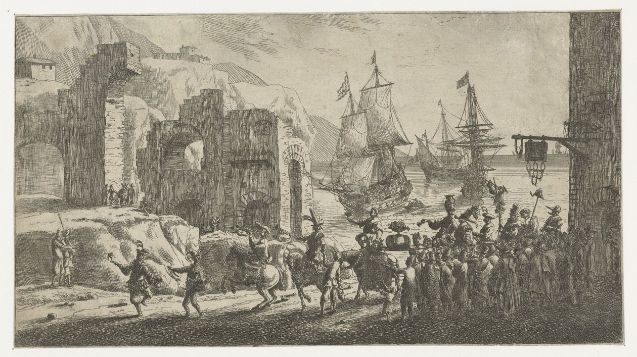 Maskerade ved en havn af Reinier Nooms (attributed to)