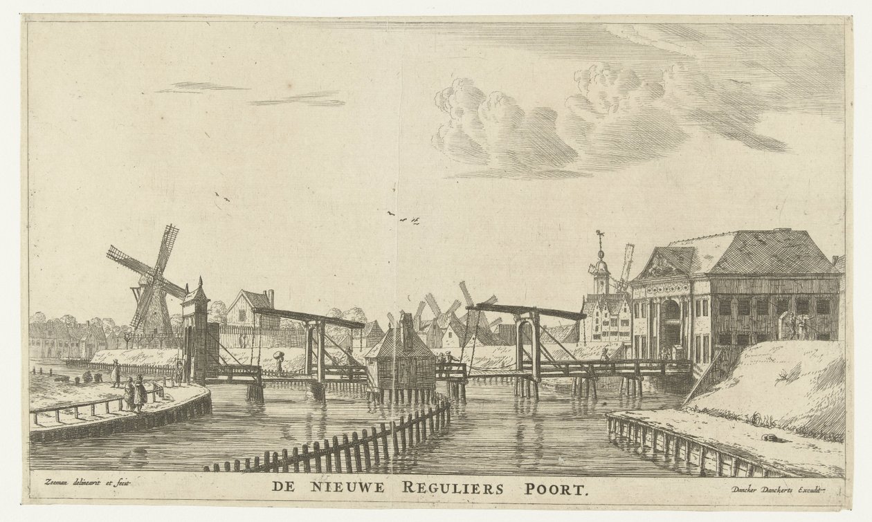 Udsigt over den tredje Regulierspoort i Amsterdam Den nye Regular Gate (titel på objekt) Amsterdams byporte (serietitel) Nye og eygentlycke billeder af Amsterdams byporte frem i lyset af R.N. Sailor (serietitel af Reinier Nooms