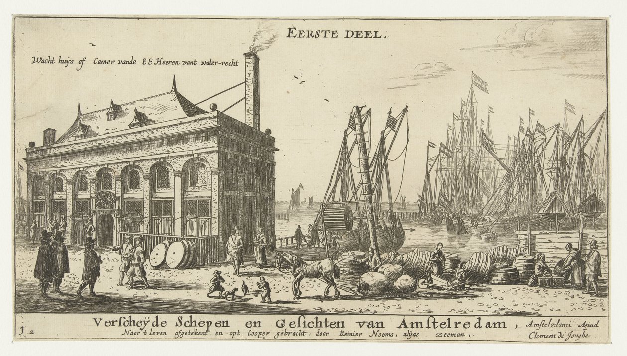 Amsterdams havn med vagthuset Wacht huÿs of camer vande EE Heeren vant water-recht (titel på objekt) Forskellige skibe og bybilleder i Amsterdam, første del (serietitel) Første del. Forskellige skibe og seværdigheder i Amstelredam, af Reinier Nooms