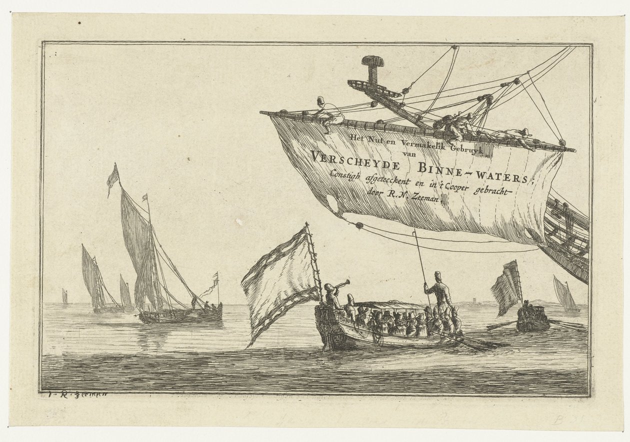 Statensloop og sejlskibe på stille vand Den nødde og underholdende brug af Versheyde Binne-Waters; Constigh fjernet og bragt ind i Cooper af R.N. Sailor (serietitel på objekt) Indre vandveje (serietitel) af Reinier Nooms