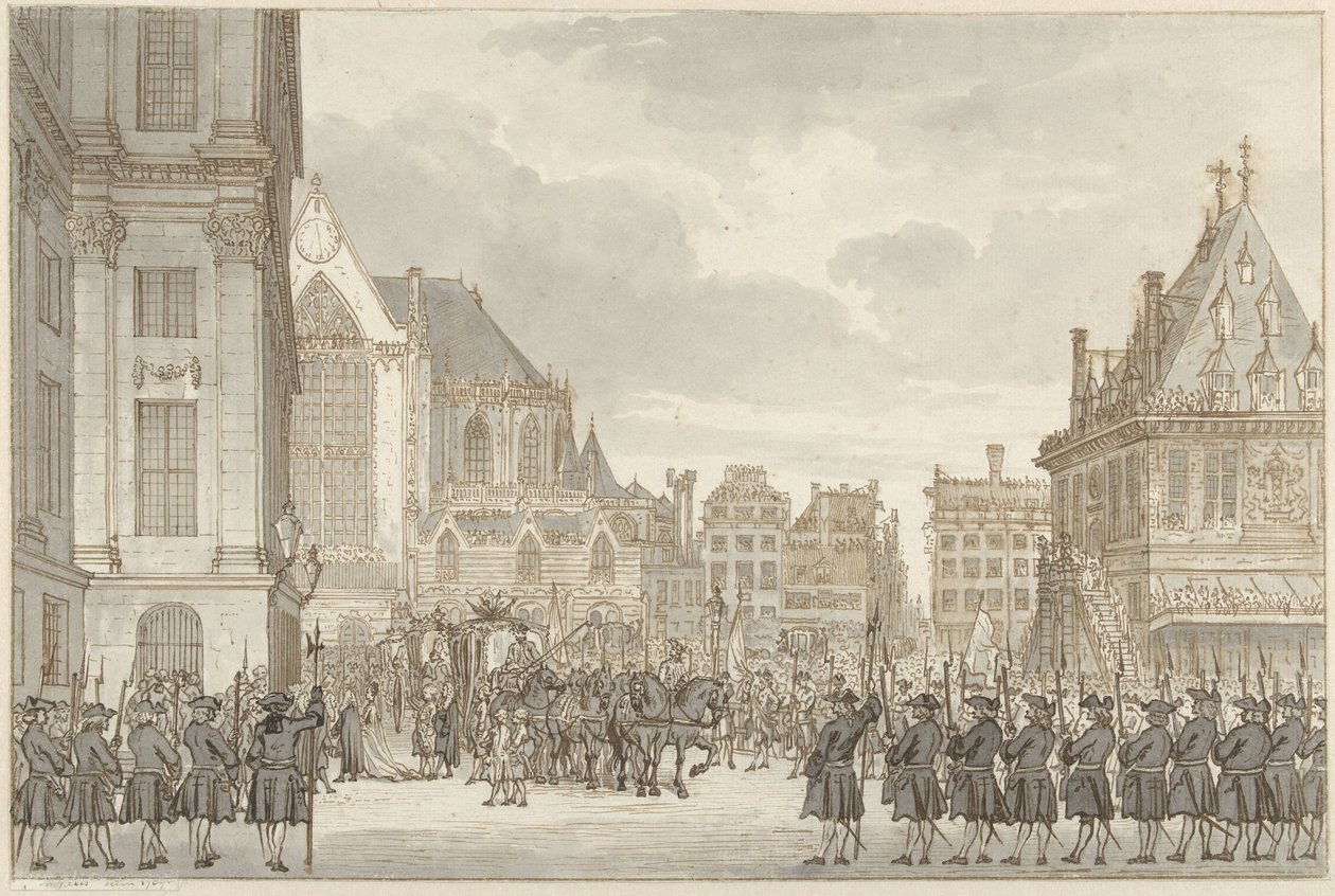 Ankomst af prins William V og Frederica Sophia Wilhelmina af Preussen til rådhuset på Dam-pladsen i Amsterdam, 30. maj 1768 af Reinier Vinkeles (I)