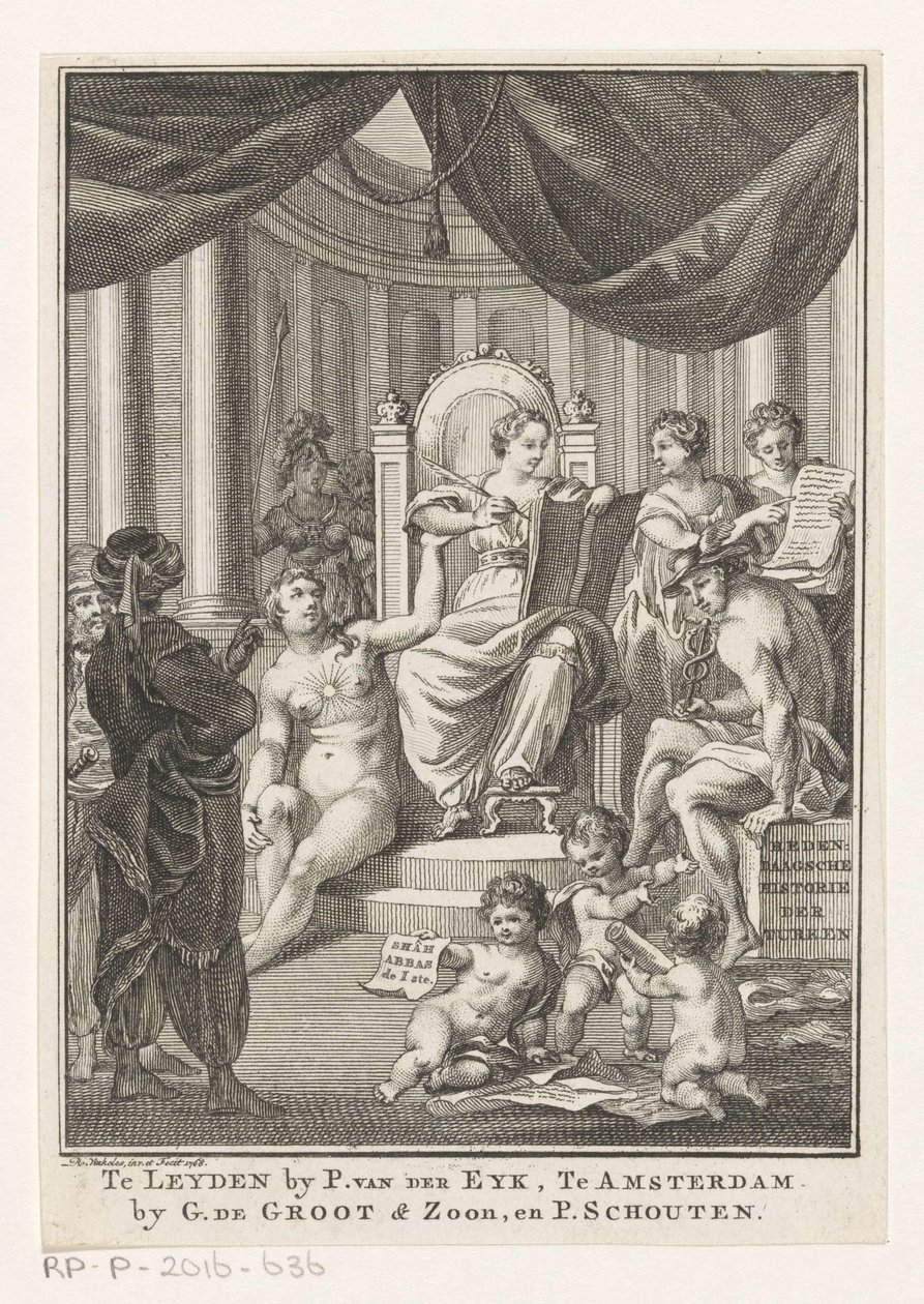 Allegorisk fremstilling med historie, sandhed, gammel viden og forsigtighed Tyrkernes samtidshistorie (titel på objekt) Titelblad for: S.n., Hedendagche historie eller Fortsættelsen af ​​den almindelige historie, 1767 af Reinier Vinkeles (I)