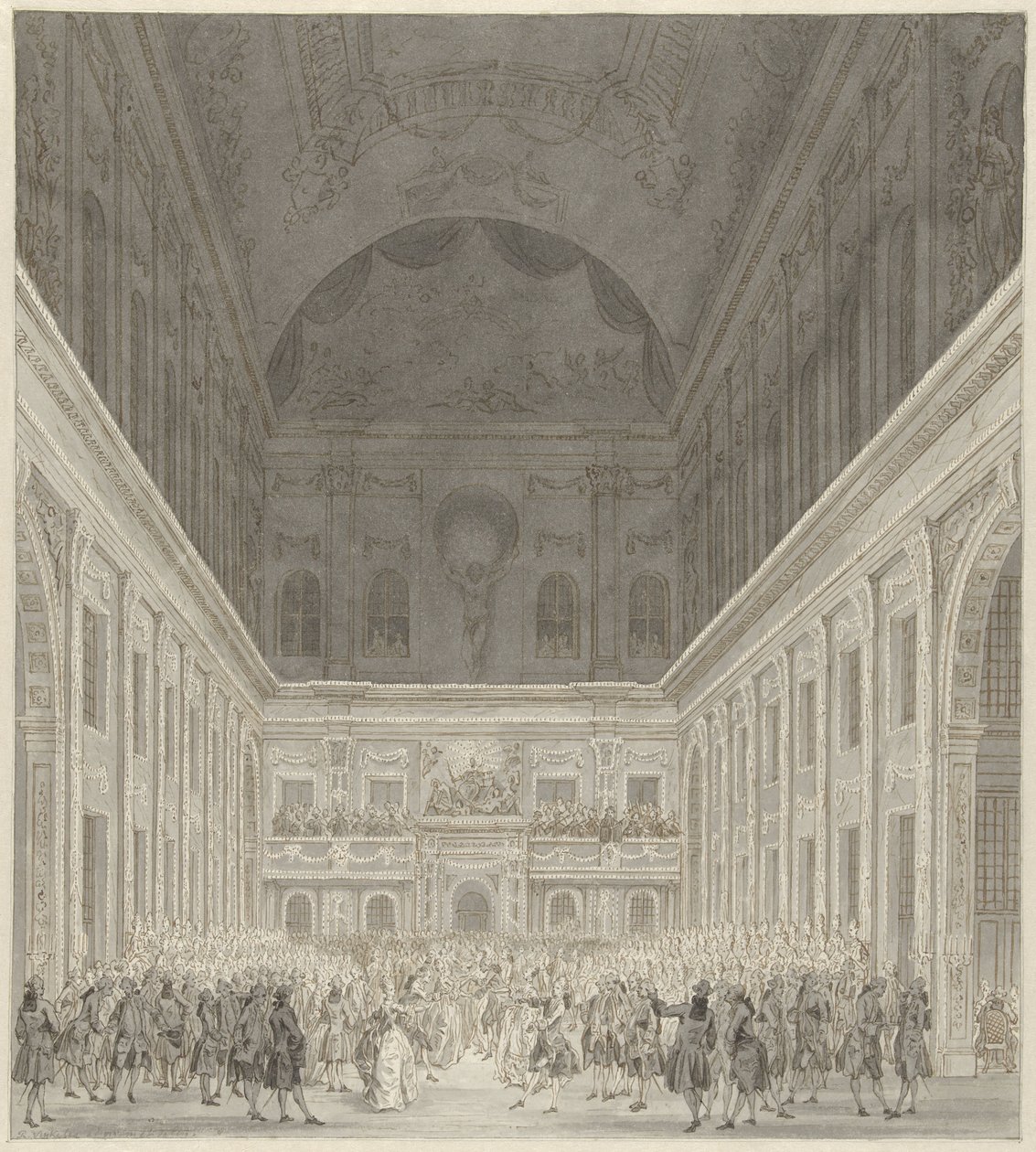 Bal i borgersalen i Amsterdams rådhus til ære for besøget af prins William V og Wilhelmina af Preussen, juni 1768 af Reinier Vinkeles (I)