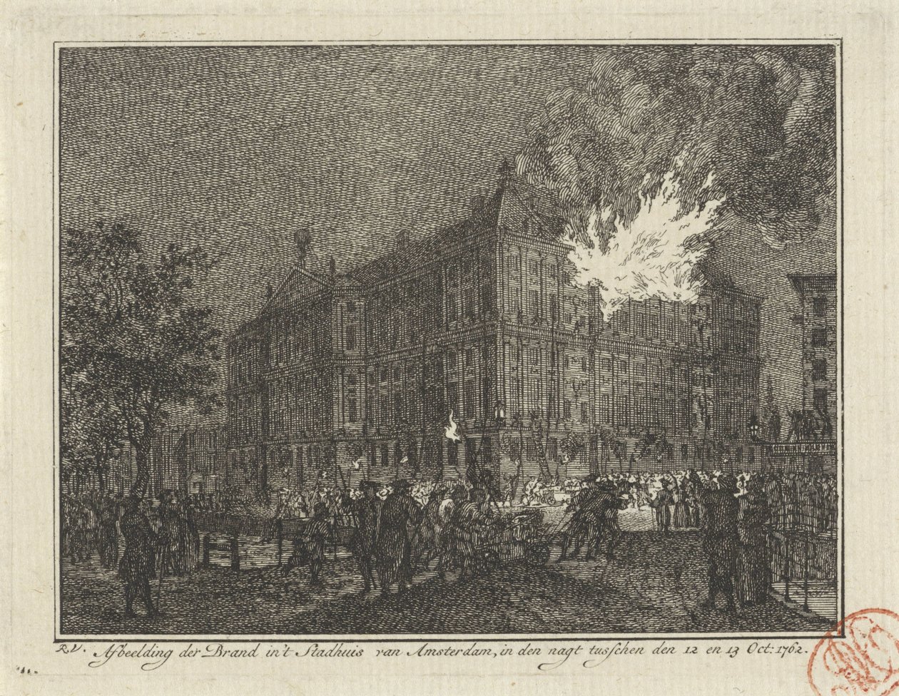 Brand i Amsterdams rådhus, 1762 Afbildning af branden i Amsterdams rådhus, om natten mellem 12. og 13. oktober: 1762 (titel på objekt) af Reinier Vinkeles (I)
